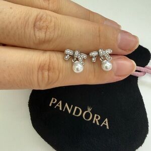 Pandora Silver Bow Earrings with White Pearls